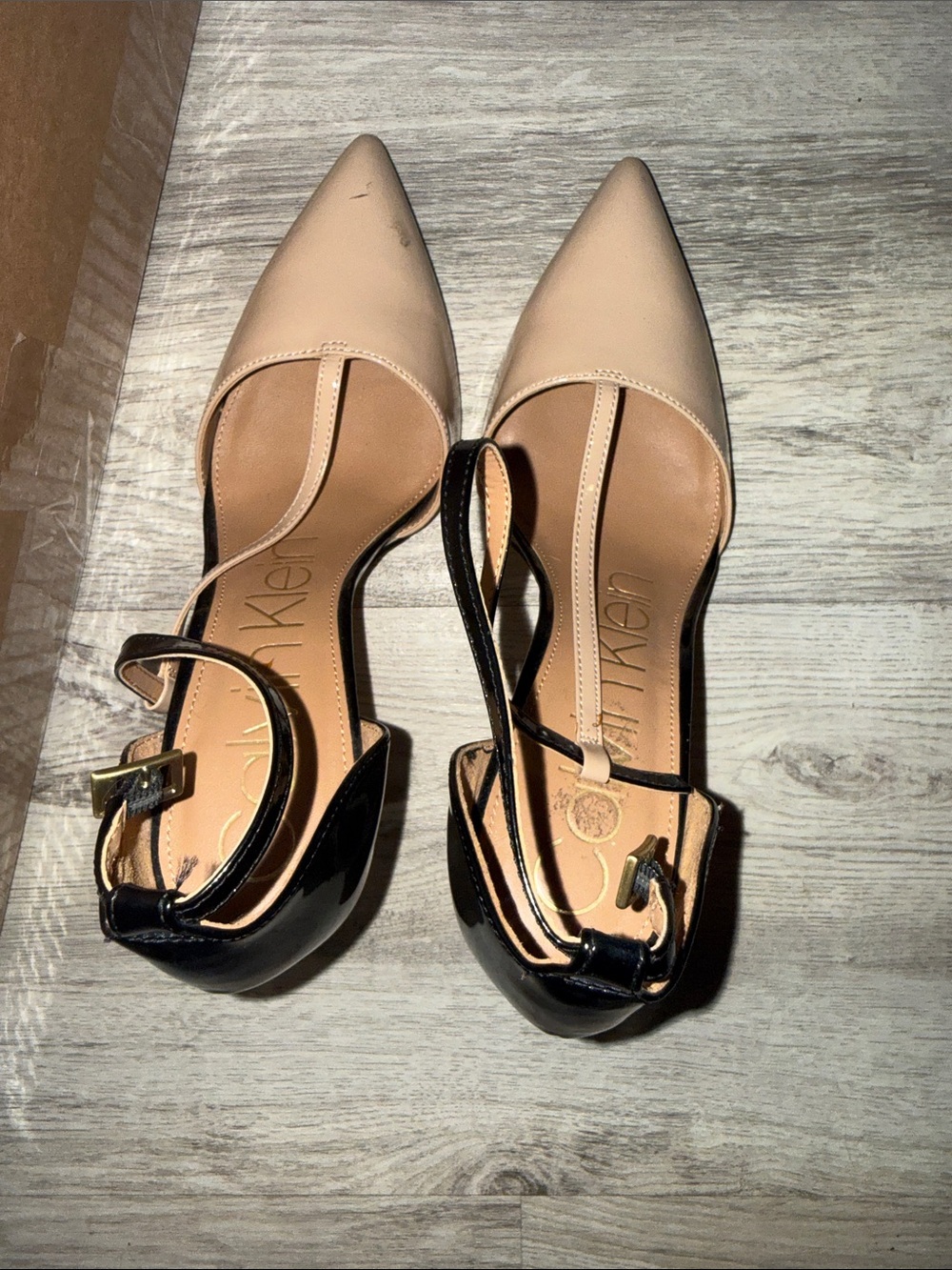 Calvin Klein Nude and Black Pointed Toe Ankle-Strap Heels